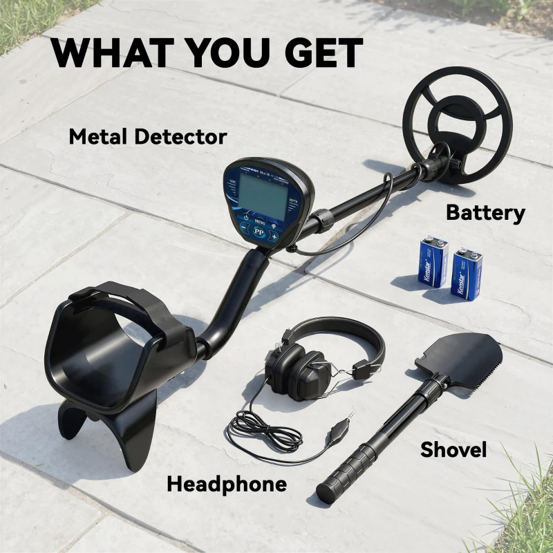 Outsunny Wykrywacz Metali IP68 Wodoodporny z 3 Trybami, Słuchawkami, Łopatą, Cewką i Wyświetlaczem LCD, Głębokość Wykrywania 18 cm