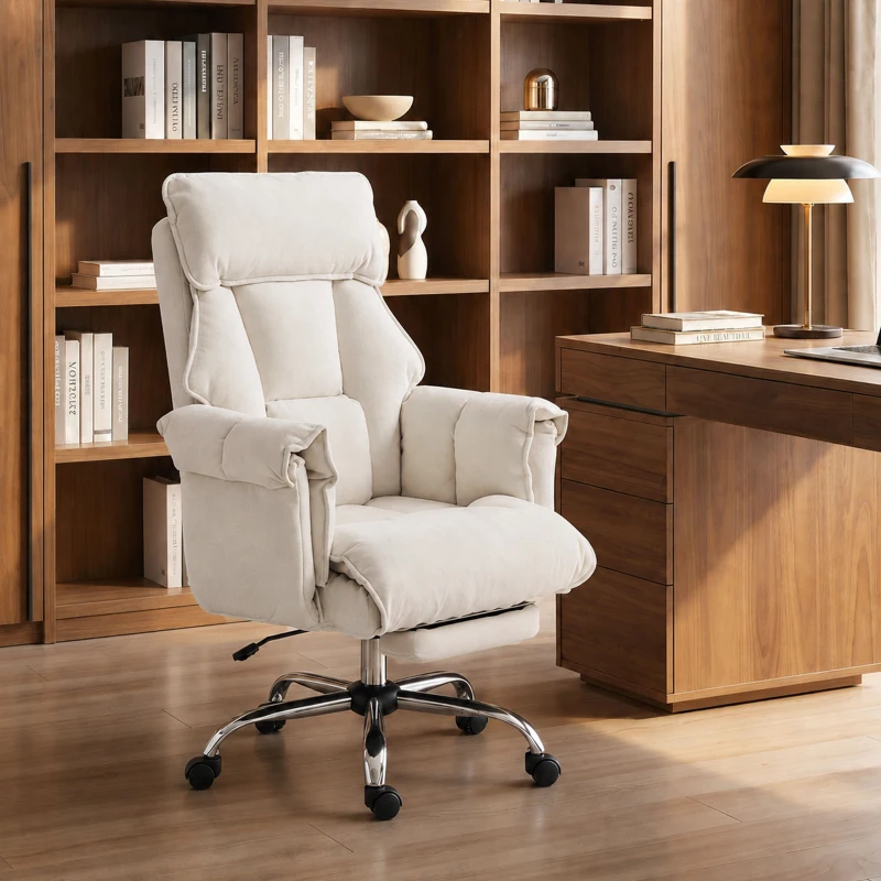 HOMCOM Fotel biurowy z regulowaną wysokością, obrotowy, z lędźwiowym wsparciem, podnóżkiem, śnieżnym flanelowym materiałem, 80 x 80 x 106-114 cm, kremowy