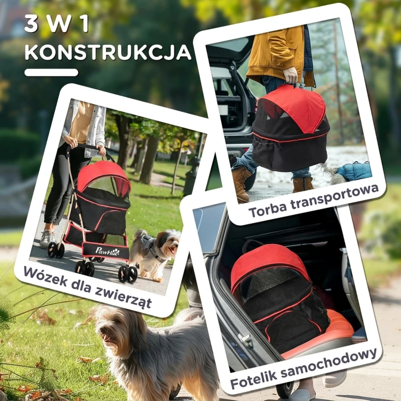 Wózek dla psa PawHut, 2 w 1, składany, torba transportowa, Czerwony