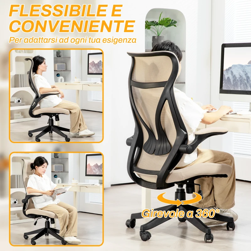 HOMCOM Sedia da Ufficio con Braccioli Ribaltabili, Altezza Regolabile e Schienale Inclinabile, Beige