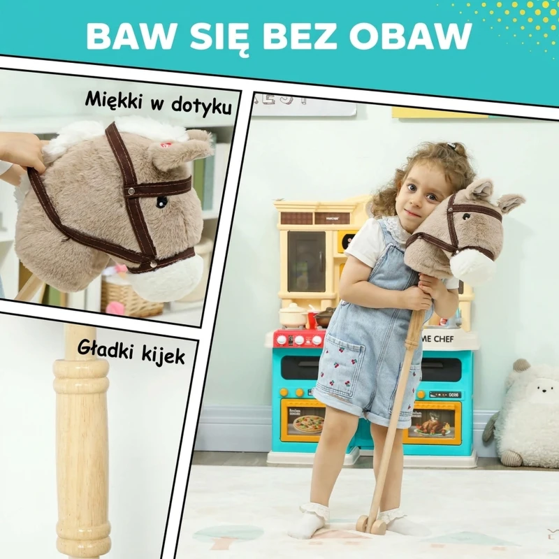Konik na biegunach AIYAPLAY dla dzieci z dźwiękiem, kołami, drewnianym drążkiem, idealny na imprezy cosplay, dla dzieci 24+ miesięcy, szary