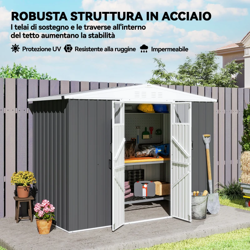 Outsunny Capanno da Giardino Porta Attrezzi in Acciaio Zincato con 2 Porte, 246x117x180 cm, Grigio Scuro