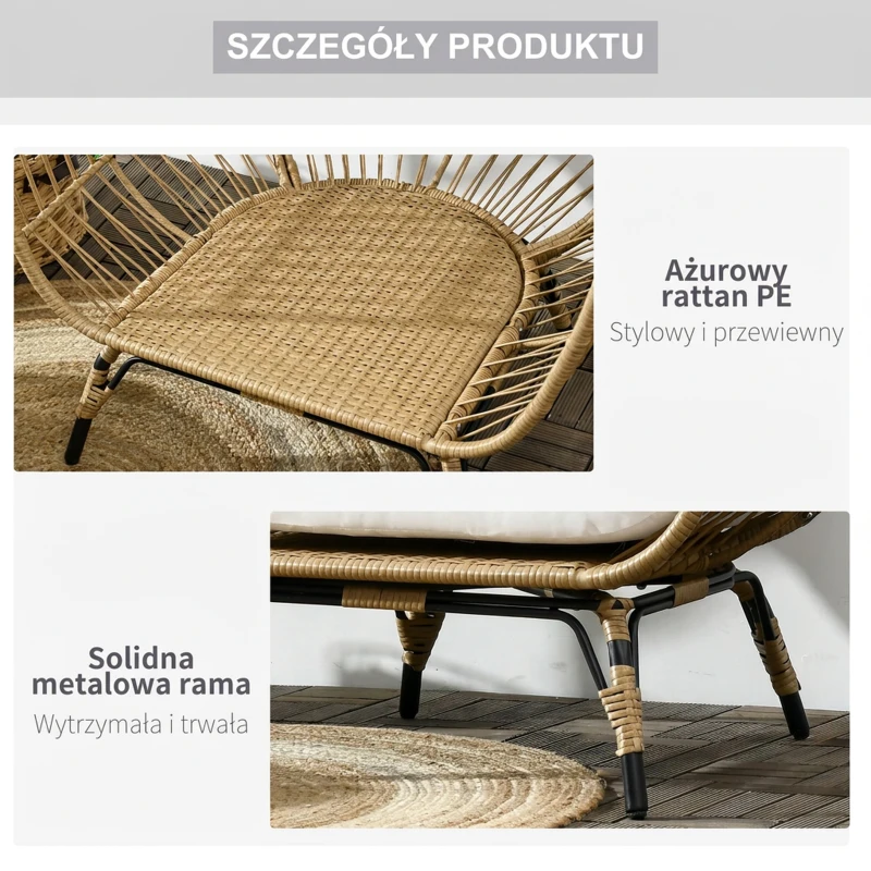 Fotel rattanowy z poduszką, metalowa konstrukcja, ogrodowy