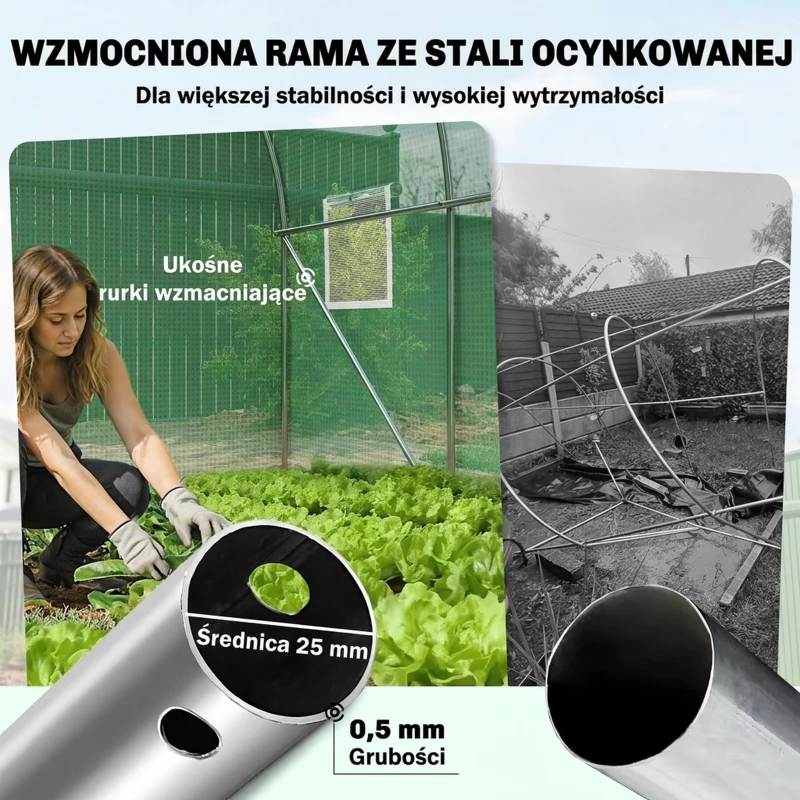 Outsunny Szklarnia 3 x 2 x 2 m tunel foliowy z zamykanymi drzwiami na zawiasach, 6 zwijanych okien z siatką, wspornikami