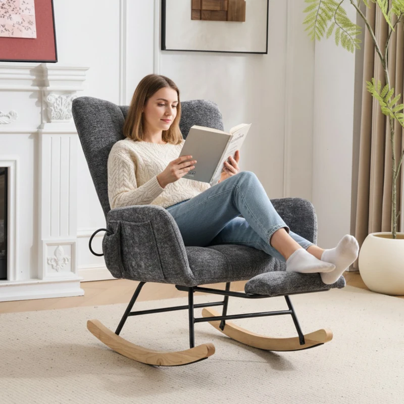 Fauteuil à bascule, coussins gonflables réglables, dossier haut, repose-pieds et rangement latéral, 63x92x89 cm, Gris foncé