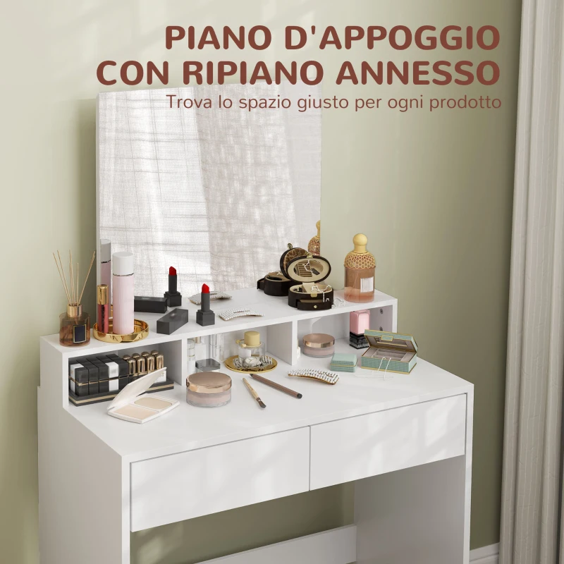 HOMCOM Tavolo da Trucco con Specchio, 3 Ripiani, 2 Cassetti e Sgabello, in Legno, 75x38x135 cm, Bianco