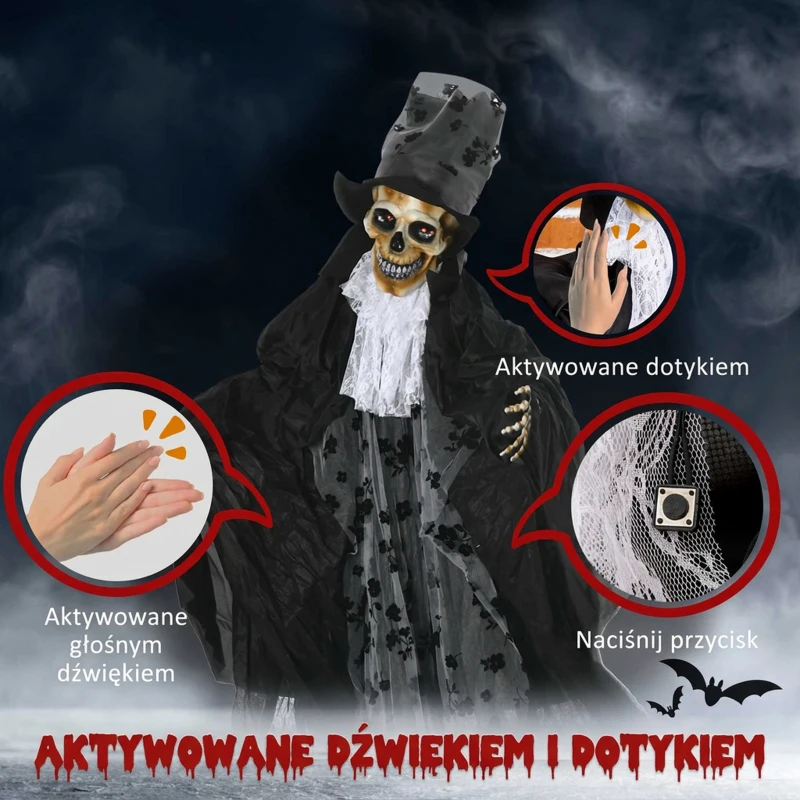 Outsunny 183cm Dekoracja Halloween Ruchomy Duch Pana Młodego w Naturalnej Wielkości z Szkieletem, Miga Oczami i Efektami Specjalnymi oraz Funkcją Dźwiękową