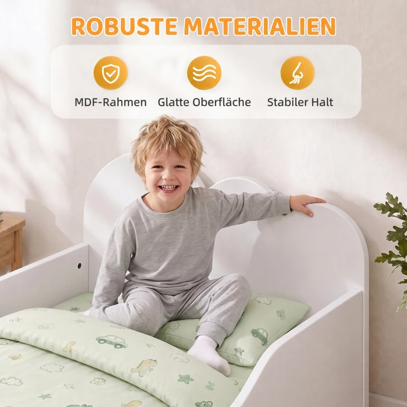 AIYAPLAY Kinderbed Wolkdesign met Uitvalbeveiliging, voor 3-8 Jaar, geschikt voor 140 x 70 x 5 cm matras, Wit