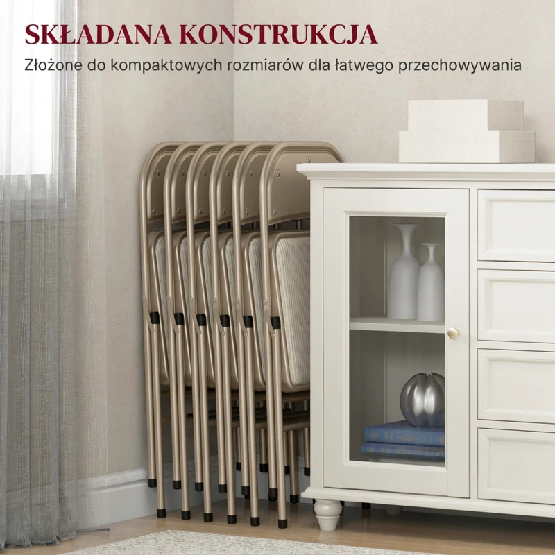 HOMCOM Zestaw 6 składanych krzeseł, przenośne biurowe krzesła, stalowe nogi, składany fotel do biura, recepcji, poczekalni, wygląd lnu Beżowy