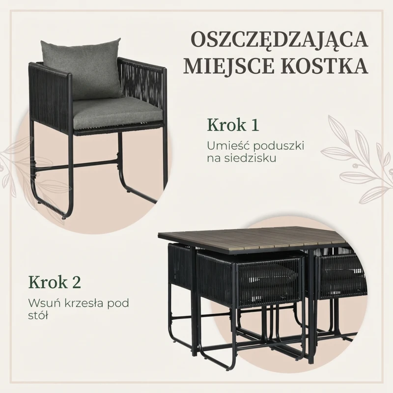 Outsunny 5-częściowy zestaw mebli ogrodowych z polirattanu - stół do jadalni z 4 krzesłami, zestaw do jadalni na balkon, meble ogrodowe z dodatkowym stolikiem, zestaw wypoczynkowy na balkon
