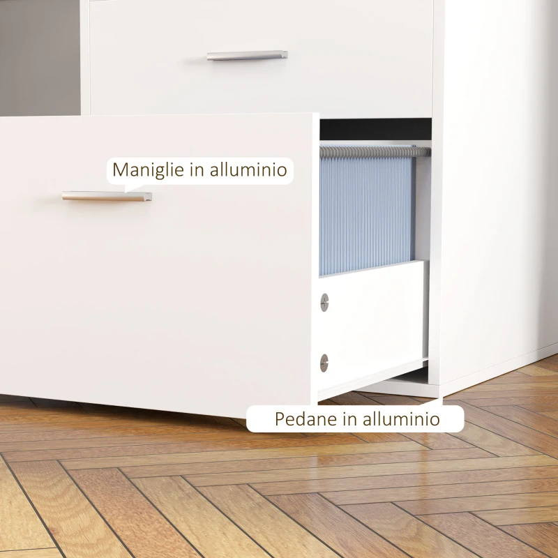 HOMCOM Scrivania Ufficio con 2 Tavoli, 4 Ripiani, 3 Cassetti e Supporto per Monitor, in Legno, 138.5x90x92 cm, Bianco