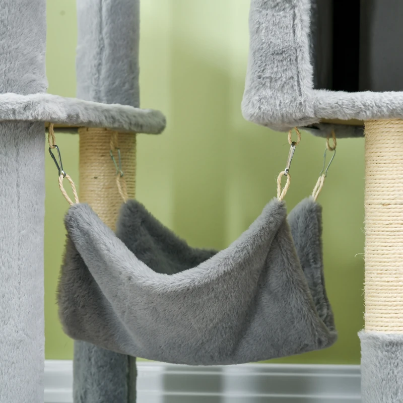PawHut Albero per Gatti con Amaca, Lettino e 2 Casette, in Truciolato e Peluche, 55x49x177 cm, Grigio e Bianco