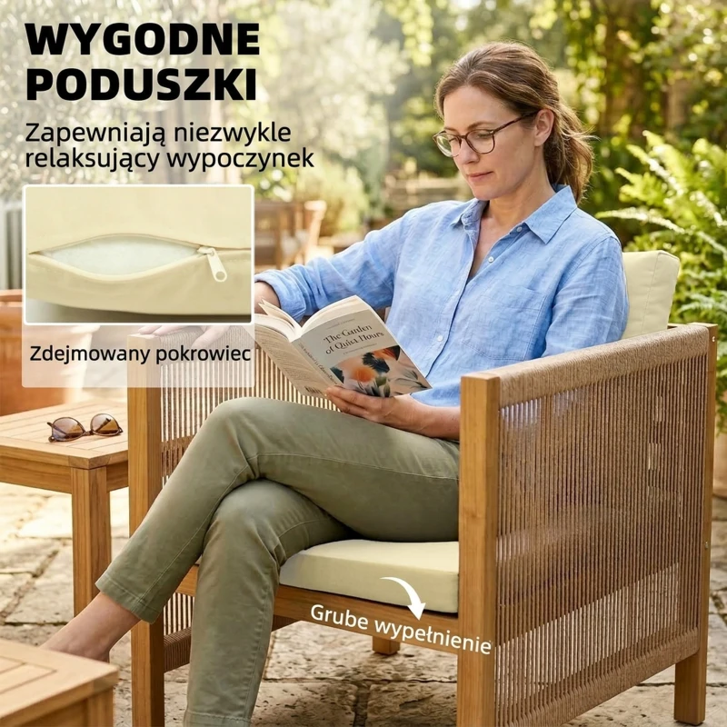 Outsunny Zestaw mebli ogrodowych z drewna dla 4 osób – kanapa, 2 fotele, stolik, dekoracja z lin, lamelowe wykończenie, zdejmowane poduszki