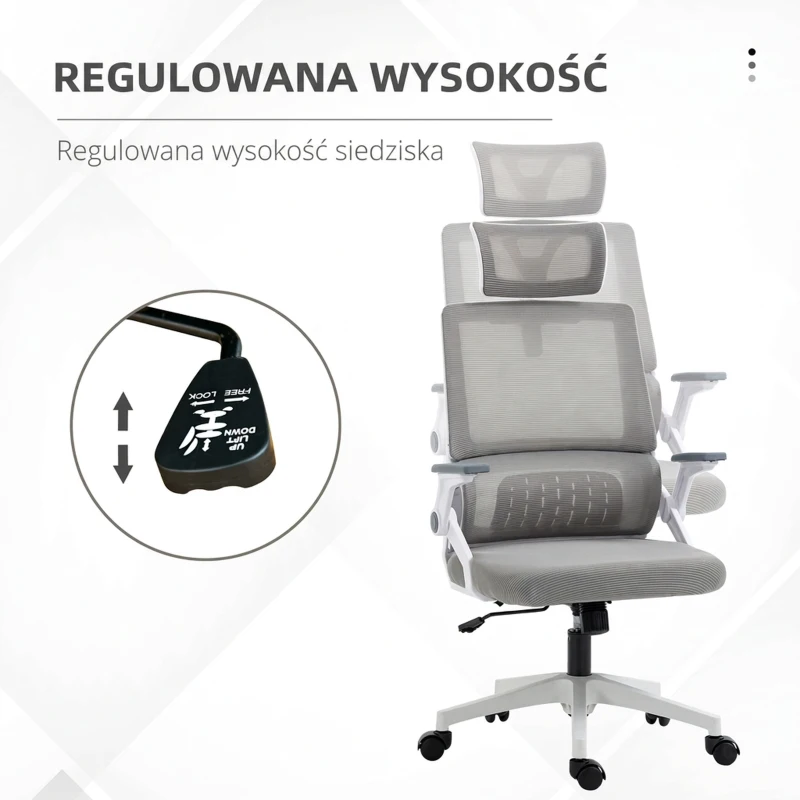 Vinsetto Ergonomiczne Krzesło Biurowe, Regulowana Podgłówka, 58 x 61 x 119 cm, Szary
