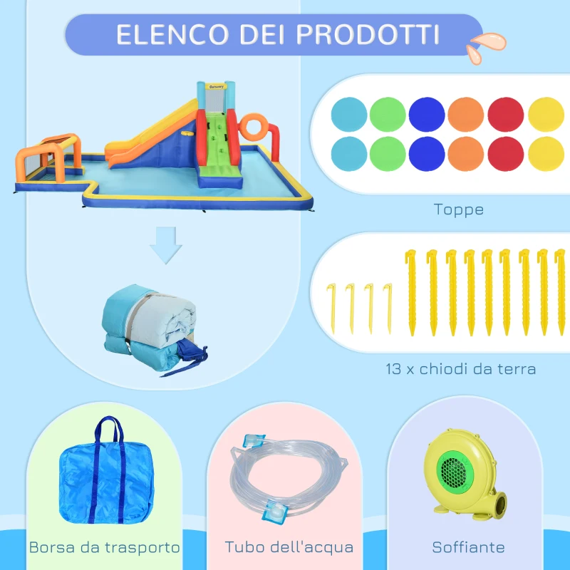 Outsunny Castello Gonfiabile per Bambini 3-8 Anni con Scivolo, Parete, Porta e Canestro, in Tessuto Oxford, 590x460x220 cm