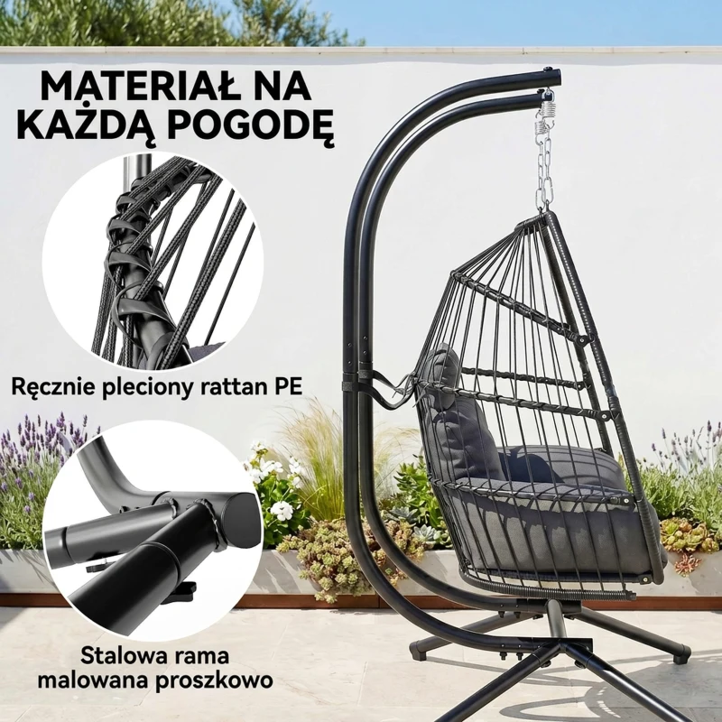 Fotel wiszący z poduszką, składany, polirattan, na zewnątrz
