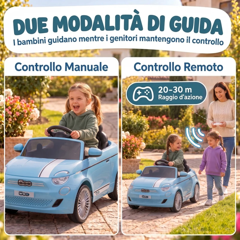 AIYAPLAY Macchina Elettrica per Bambini 12V Fiat 500, Batteria al Litio, 2 Motori, Telecomando, 3-6 Anni, Blu