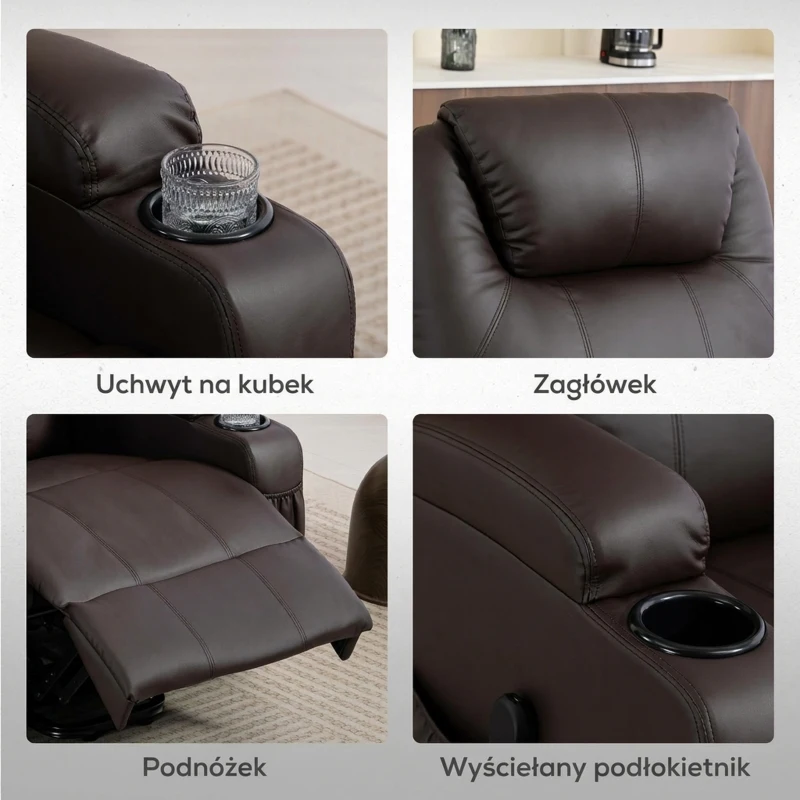 HOMCOM Fotel z funkcją podnoszenia, fotel relaksacyjny z pilotem, uchwytem na napoje, regulowanym oparciem, brązowy