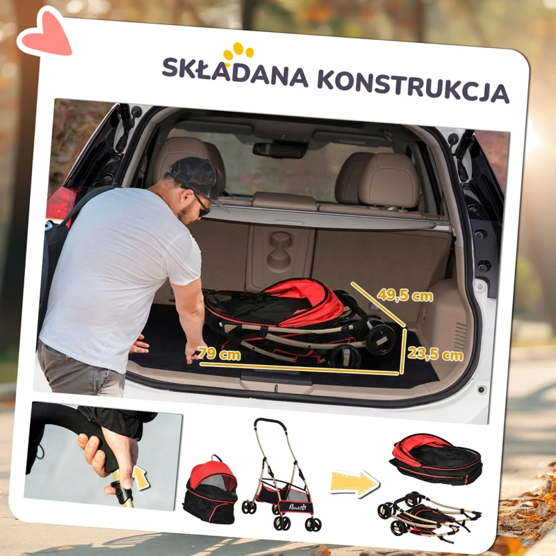 Wózek dla psa PawHut, 2 w 1, składany, torba transportowa, Czerwony