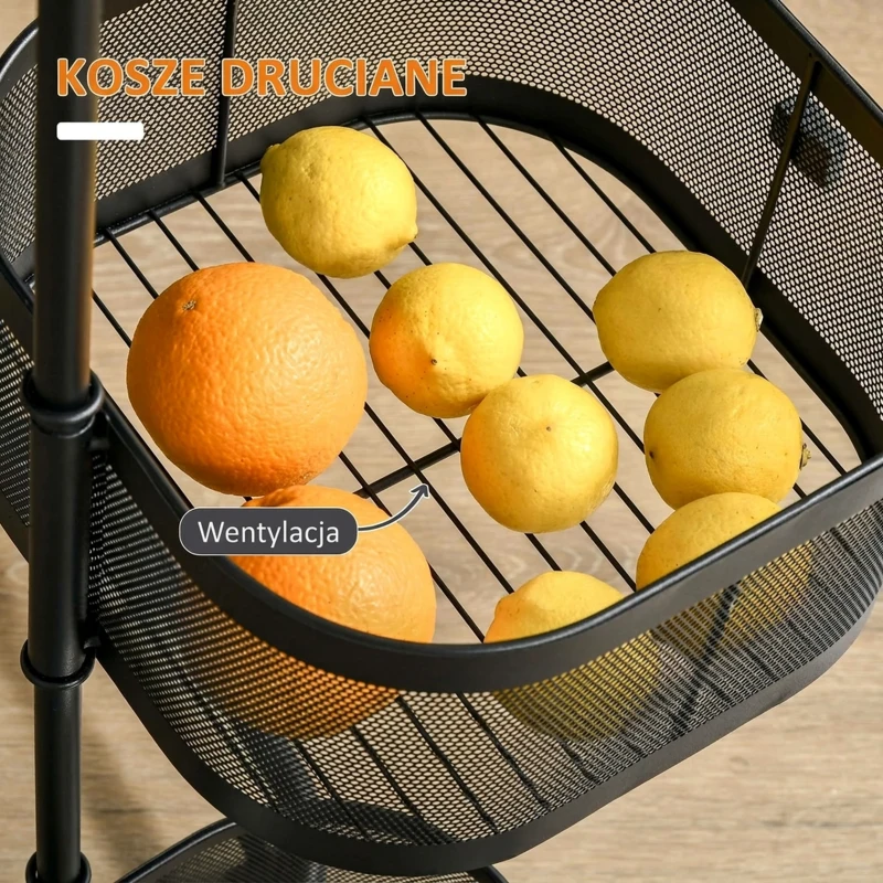 HOMCOM Wózek kuchenny z 4 poziomami, kosze z siatki, górna półka, obrotowe kółka, czarny