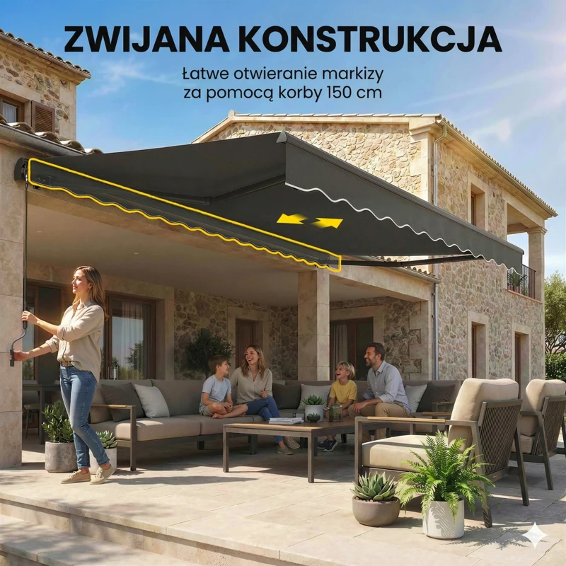 Outsunny Markiza Balkonowa 350 x 300 cm z Korbą i Uchwytami Ściennymi, Regulowany Kąt Nachylenia