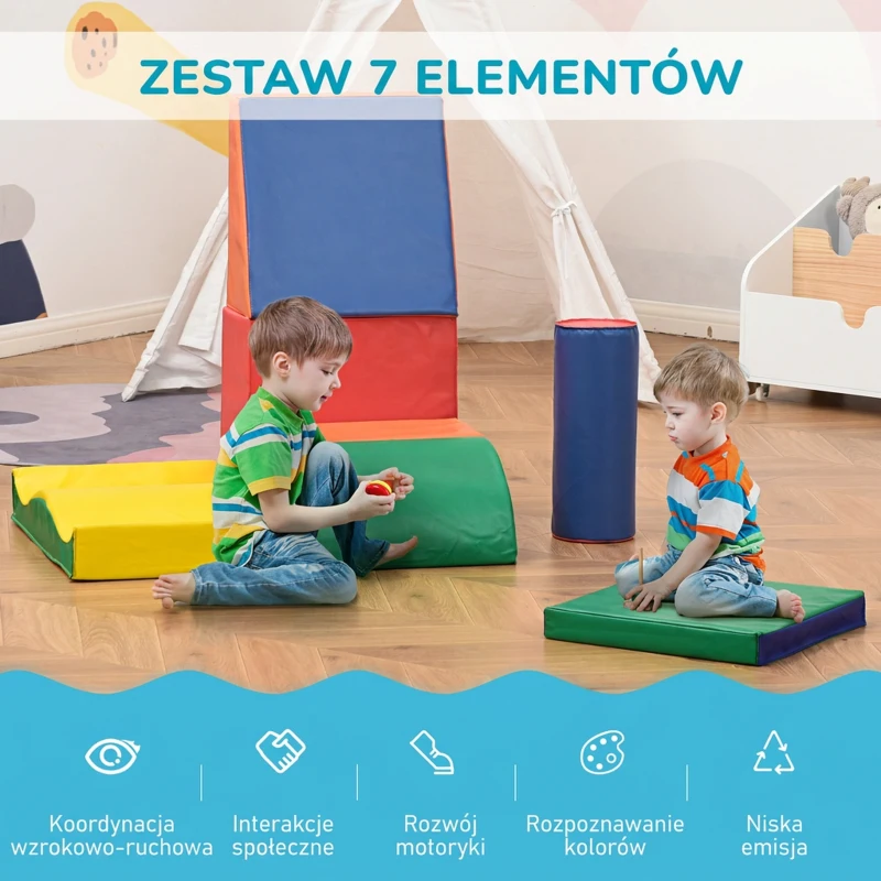 HOMCOM 7 szt. miękkie klocki, zestaw klocków, klocki piankowe do zabawy i wspinaczki, mega klocki, miękkie budowle dla pokoju dziecięcego i przedszkola, sztuczna skóra, Wielobarwny