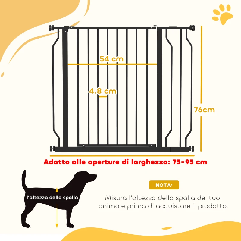 PawHut Cancelletto di Sicurezza per Cani Estensibile 75-95 cm in Acciaio e ABS, 75-95x76 cm, Nero