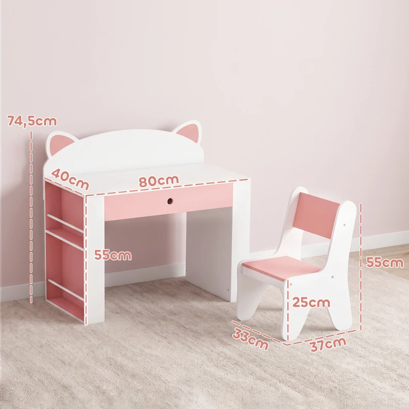 AIYAPLAY Kindertafel en stoelset voor leren en spelen, met lade en boekenrek, wit/roze