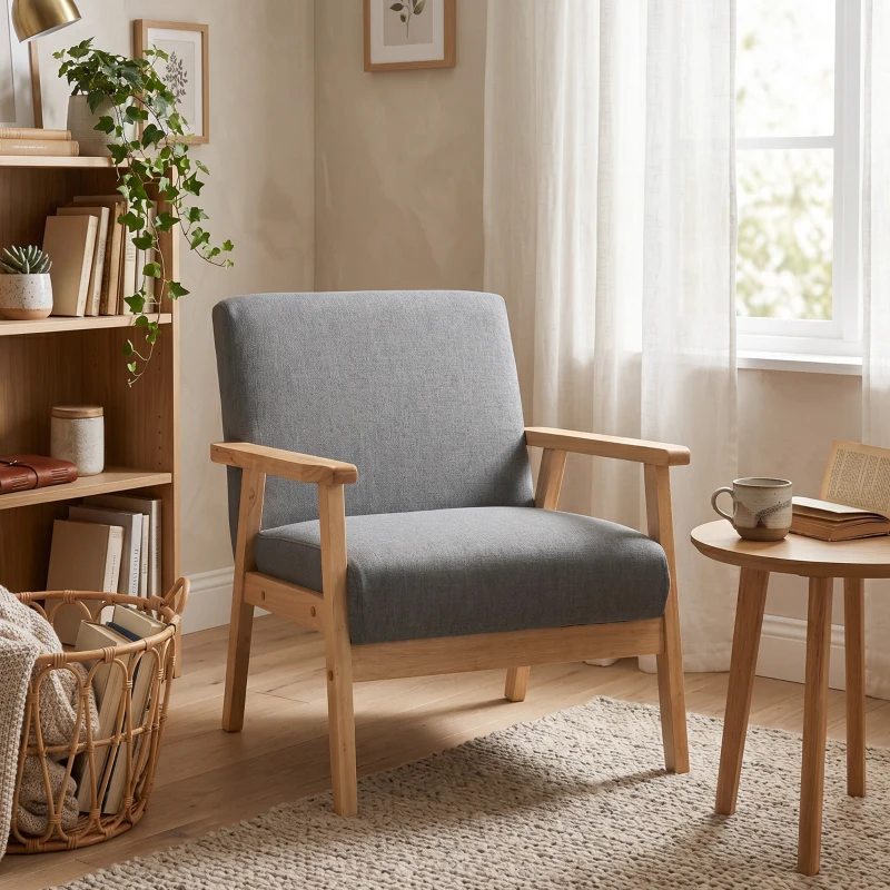 HOMCOM Fotel w stylu skandynawskim, Fotel akcentowy, Lite drewno, Imitacja lnu, 64 cm x 70 cm x 72 cm, Szary + Natura