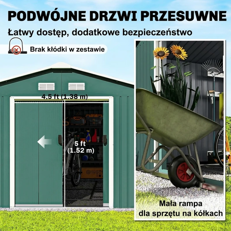 Domek ogrodowy 12,4 m², dach jednospadowy, zielony, z fundamentem