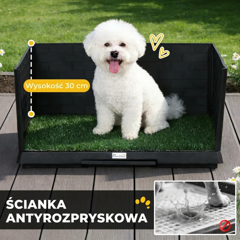 PawHut Toaleta dla psa 75 x 51 cm z trawą sztuczną, wysokimi ściankami, wysuwaną tacą i systemem odprowadzania - Czarna