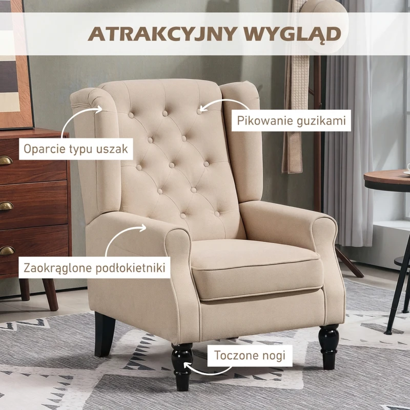 HOMCOM Elegancki fotel uszak, grubo wyściełany, z zdejmowanym pokrowcem, 74 x 87 x 102 cm, beżowy