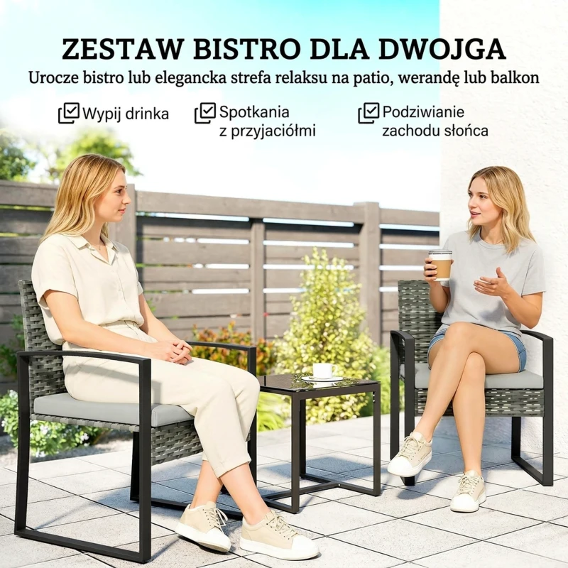 Outsunny Zestaw bistro z rattanu, 3-częściowy zestaw mebli ogrodowych z 2 fotelami, stolikiem, zdejmowanymi poduszkami, jasnoszary