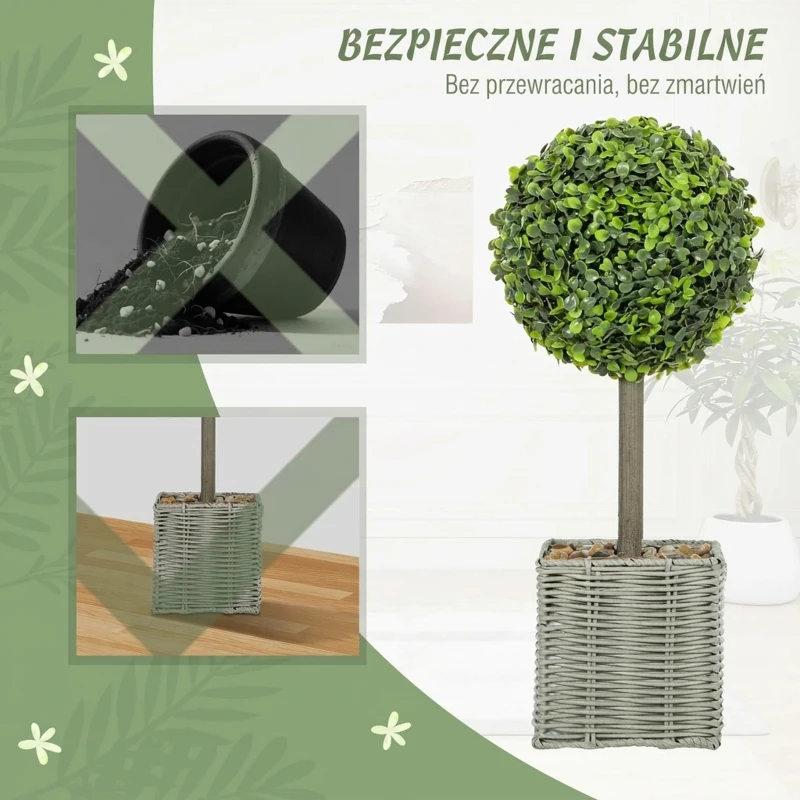 HOMCOM Set of 2 Decorative Artificial Plants, 50cm UV Resistant Faux Boxwood Topiary Balls with Woven Plastic Pot and Pebbles, Fake Plants for Indoor Outdoor Decor, Green