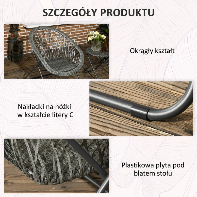 Outsunny Zestaw mebli ogrodowych 3-częściowy, składany zestaw ogrodowy z stolikiem kawowym, 2 krzesłami, zestaw mebli balkonowych z poduszkami, zestaw mebli ogrodowych do balkonu, tarasu, szary