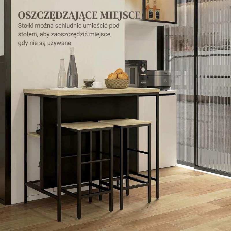 HOMCOM Zestaw barowy, 2 barstoliki i 1 stół barowy, odporny na plamy, stabilny, rama stalowa, Czarny/Dąb