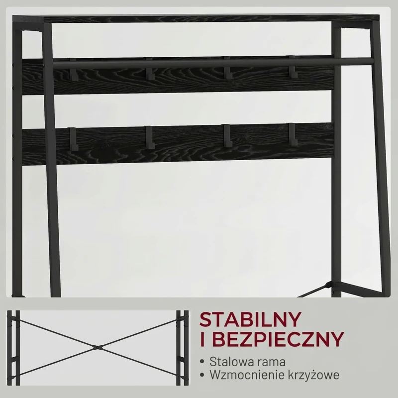 HOMCOM Wieszak na ubrania z półką na buty, 2 szuflady z materiału, garderoba z 8 haczykami, półka, wieszak na kurtki z zabezpieczeniem przeciwwypadowym, dla wejścia, korytarza, sypialni, czarny