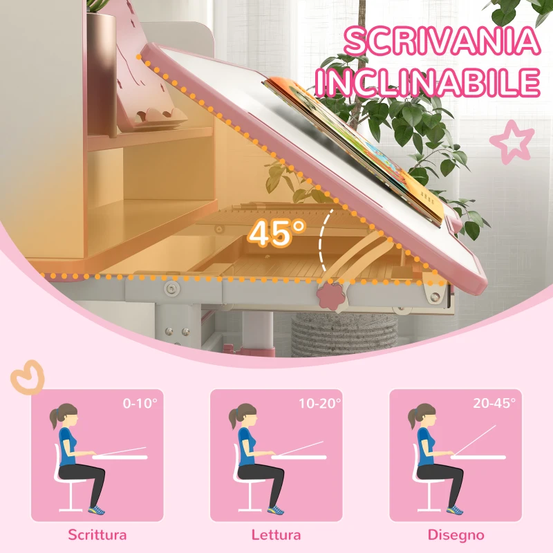 ZONEKIZ Set Scrivania per Bambini con Sedia Regolabile in Altezza e Piano Inclinabile, Età 6-12 Anni, Rosa