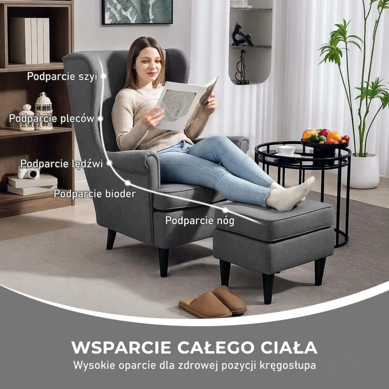 HOMCOM Oorfauteuil met Voetkruk, Gestoffeerde Fauteuil met Rubberhouten Poten, Stoffen Bekleding, Grijs