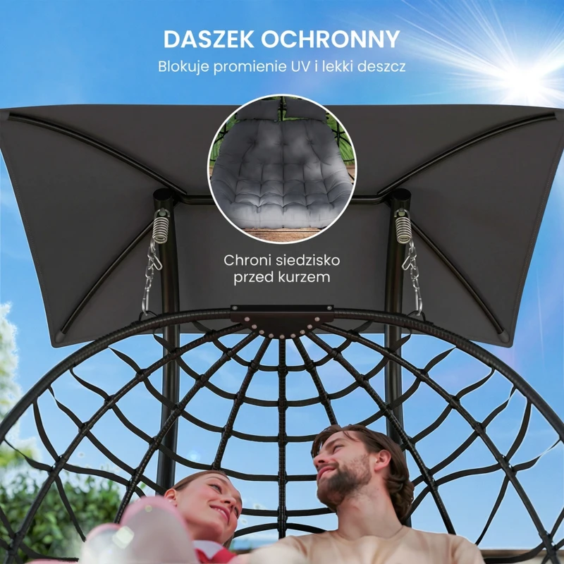 Fotel wiszący z daszkiem, składany, z poduszką, stalowy