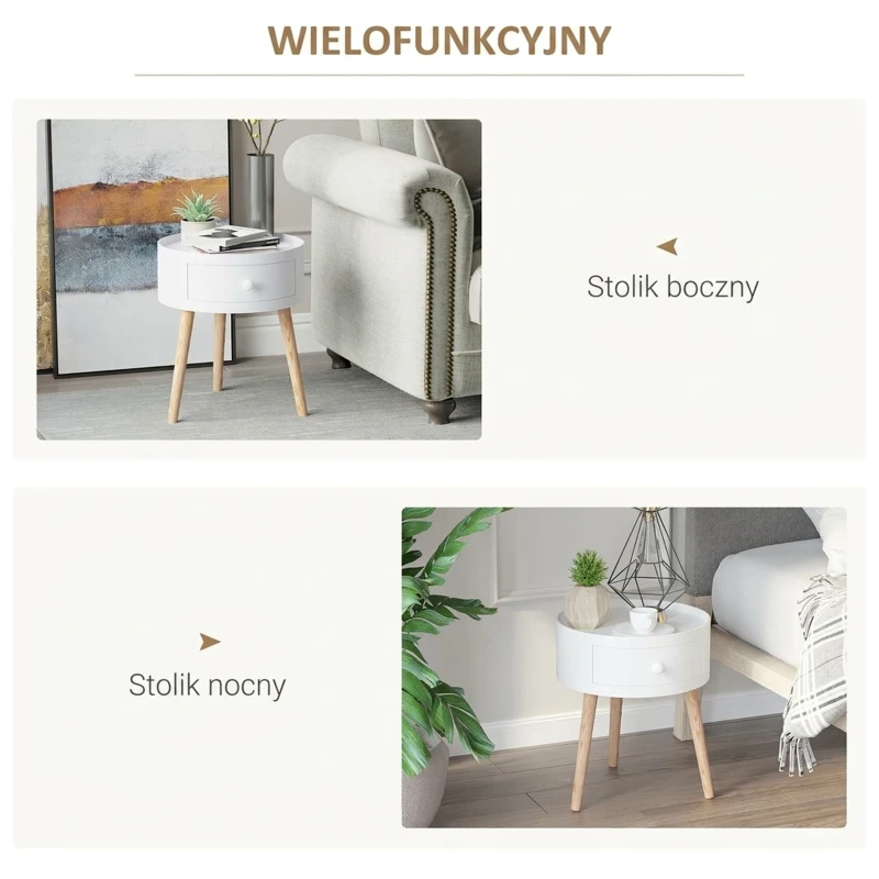 HOMCOM Stolik Kawowy z Szufladą, Okrągły, Design Skandynawski, Obrzeże Ochronne, Drewno, Ø38 x W45 cm, Biały