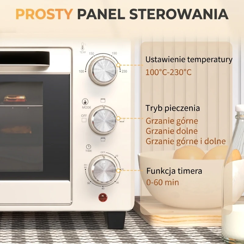 Mini Piekarnik HOMCOM, 3 tryby, do 230° C, 1400W, z akcesoriami, 46x38,5x29cm, Kremowy