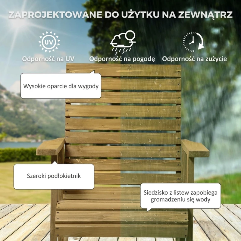 Outsunny Fotel bujany z podłokietnikami, drewniany, do ogrodu, balkon