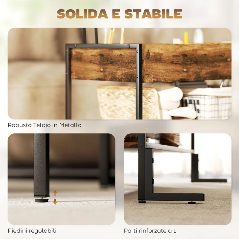 HOMCOM Tavolino da Caffè Sollevabile con Vano Nascosto e Ripiano Inferiore in Stile Industriale, Marrone