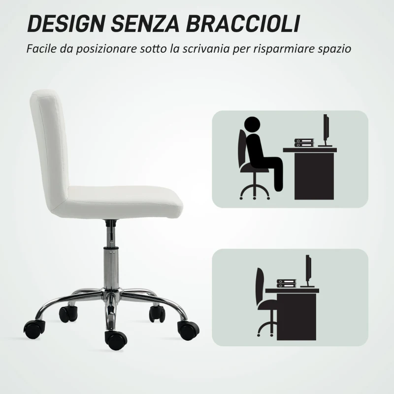 HOMCOM Sedia da Ufficio Regolabile con Rivestimento a Bottoni, in Pelle PU, Schiuma e Acciaio, 44x50x78-88 cm, Bianco