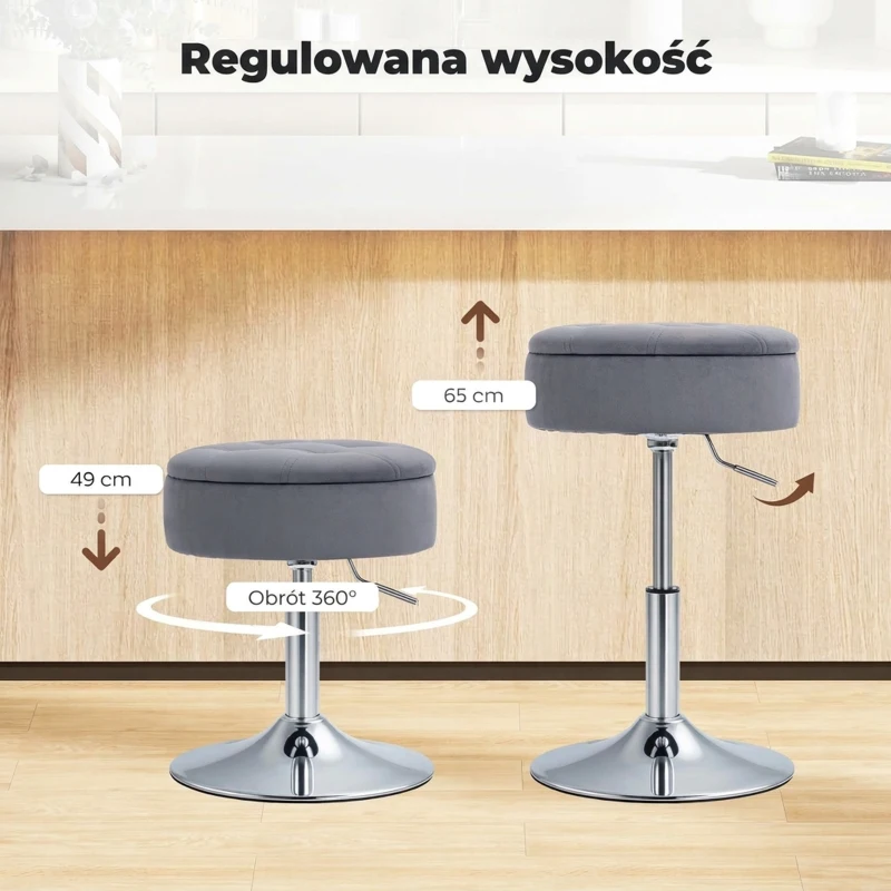 HOMCOM Taboret barowy z przestrzenią do przechowywania, Obrotowy, Regulowany kuchenny hoker z aksamitnym pokryciem, 39x39x65 cm, Szary