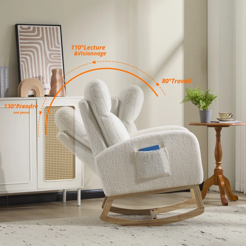 Fauteuil à bascule d’allaitement, dossier haut ergonomique, base incurvée en bois massif, poche latérale, 75x63x104 cm, Blanc