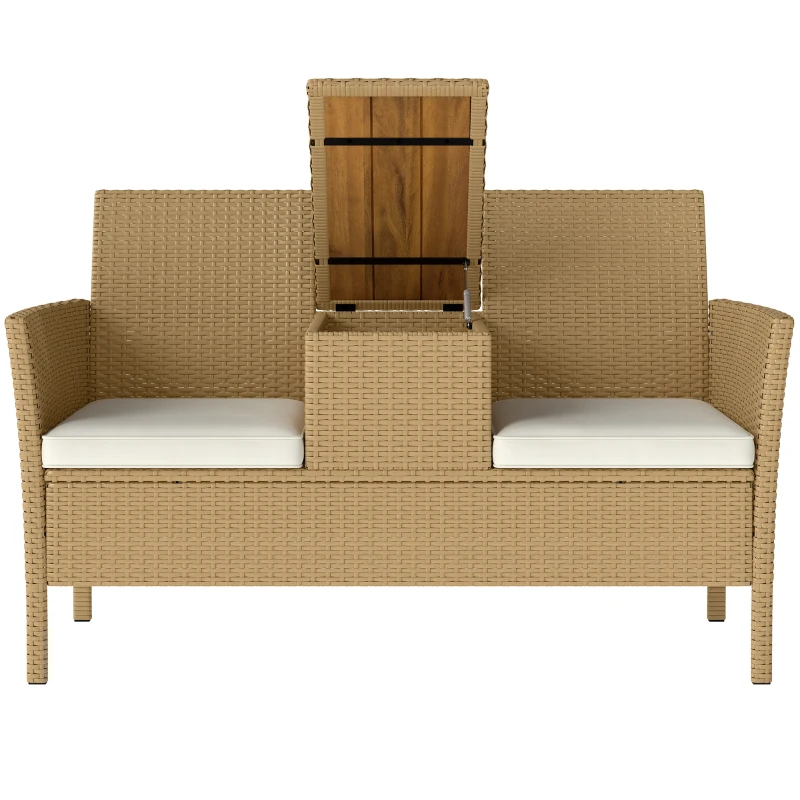Outsunny Panca da Giardino con Tavolino a Ribalta Portaoggetti, in Rattan e Acciaio, 134x58x82 cm, Crema e Cachi