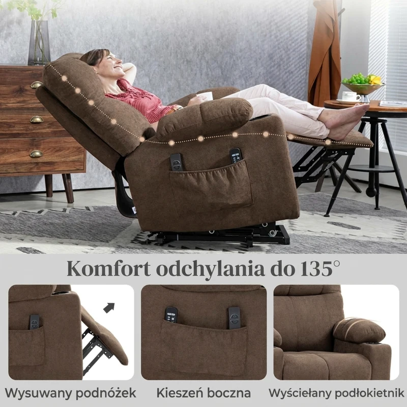 HOMCOM Fotel relaksacyjny z funkcją podnoszenia, elektryczny, 90x75x100 cm, Brązowy