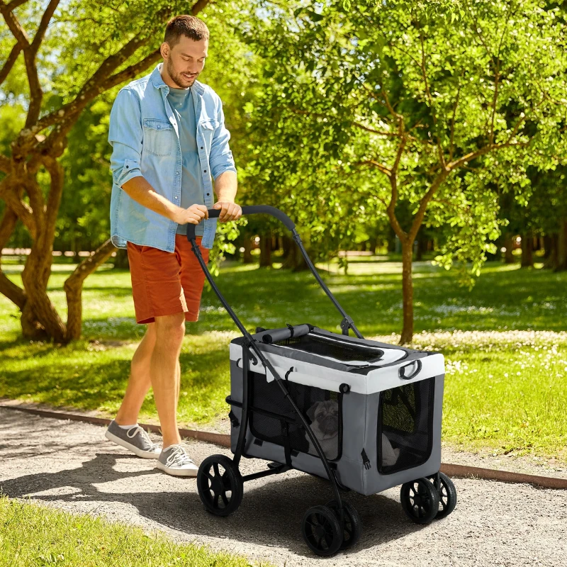 PawHut 2 in 1 Hundebuggy Haustierwagen Hundetrolley z wyjmowanym koszem, 2 szelki bezpieczeństwa Składany wózek dla kota dla małych i miniaturkowych psów, Materiał oxford, Szary